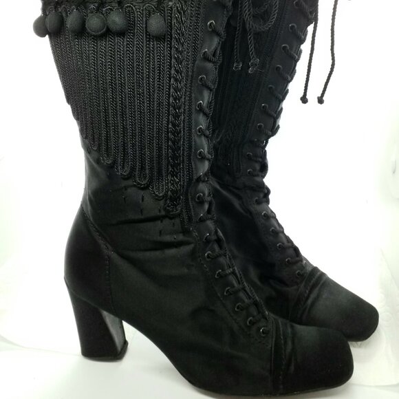 PRADA Satin Boots Size 40 Beaded Embroidered Square-Toed Lace-Up - Picture 6 of 9